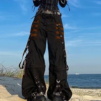 Women Fall Winter Cargo Jeans Striped Zipper Button Closure Loose Casual Trousers Streetwear with Pockets - Image 2