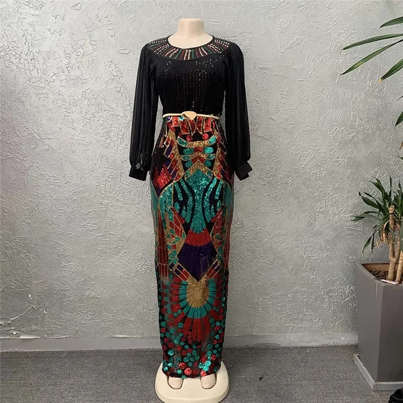 African Party Dress Women High Waist Multicolor Sequin Clothing - Main Image