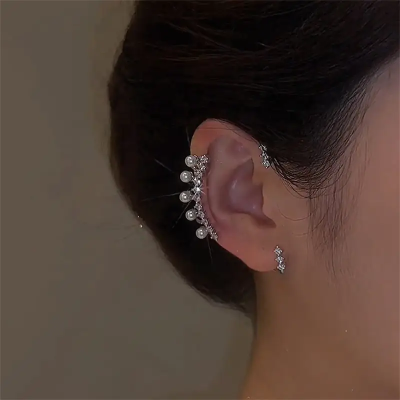 Silver Color Pearl Ear Cuff Vintage Crystal Zircon Without