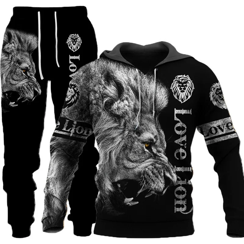Leopard 3D Print Sweatshirts Suit  Autumn Fashion Men's Hoodie 2 Piece Set Street Pullover Male Casual Tracksuit Hoodie Set