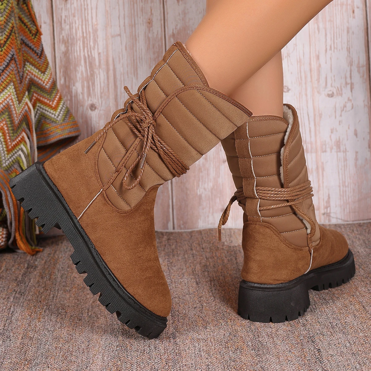 APHIXTA New Winter Plush Snow Boots Woman Flannel Thick Sole Shoes Women Mid-Calf Boots Lace Up  Women's Boots Plus Size 43