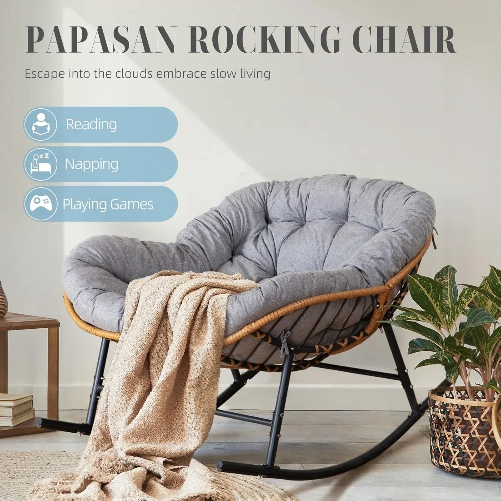 Oversized Patio Rocking Chair, Papasan Rocking Chair Indoor Outdoor Use, Lounge Chair with Cushion, Egg Rocker Chairs, Comfy Rea