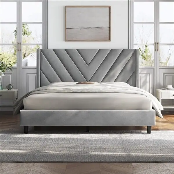 

Twin/Full/Queen Upholstered Bed Frame with Wooden Slat Support and Wing Side, Metal Platform w/Upholstered Headboard Footboard