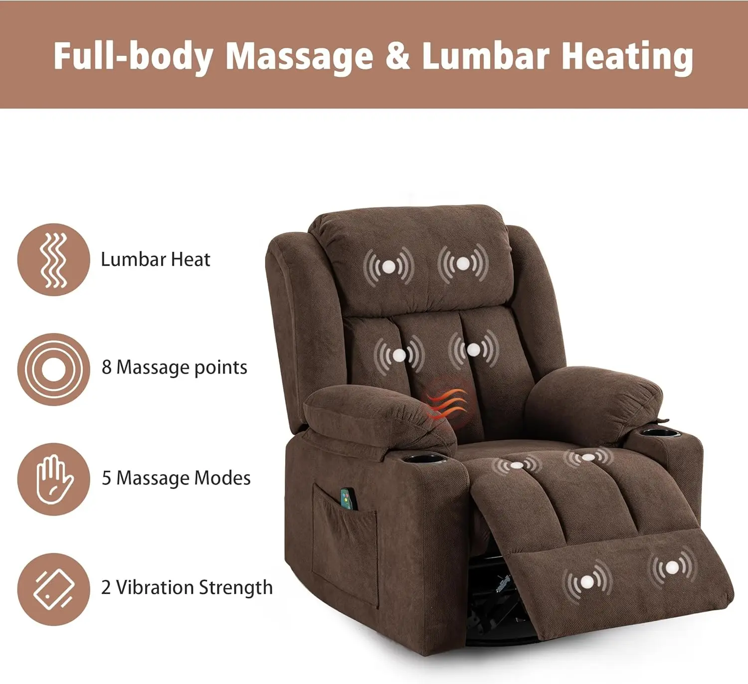 Rocker Swivel Recliner Chair for Adults, Overstuffed Large Manual Recliner Glider with Massage and Heat Comfy Soft Fabric Living