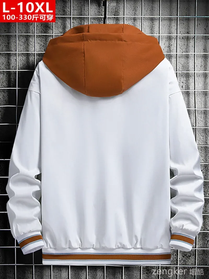 Spring and autumn trends men's handsome embroidered fake two-piece hooded jacket large size loose casual 150kg 10xl jackets 3