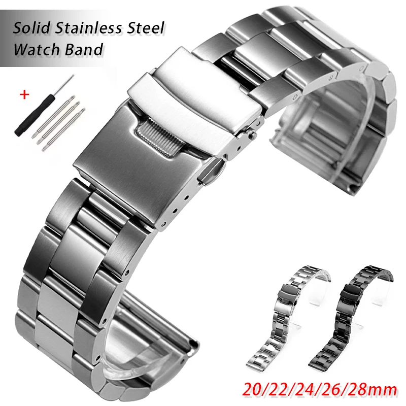 Premium Solid Stainless Steel Watch Strap with Double Safety Fold Buckle
