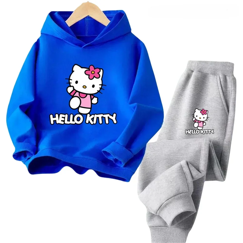 thumbnail image 1 of Conjunto de 2 piezas de sudadera y pantalones con estampado de dibujos animados de Hello Kitty Kawaii para primavera y otoño, ropa para niños de 2 a 14 años, chándal de moda, 1 of 5