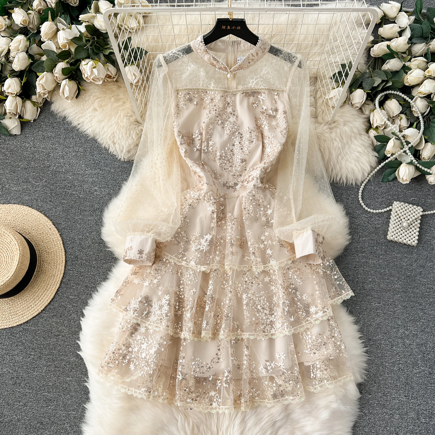 

Retro Elegant Mesh Sequin Long Sleeve Half High Collar Dress Casual High Waist Dress Women Hip Wrap Ceremonial Dress