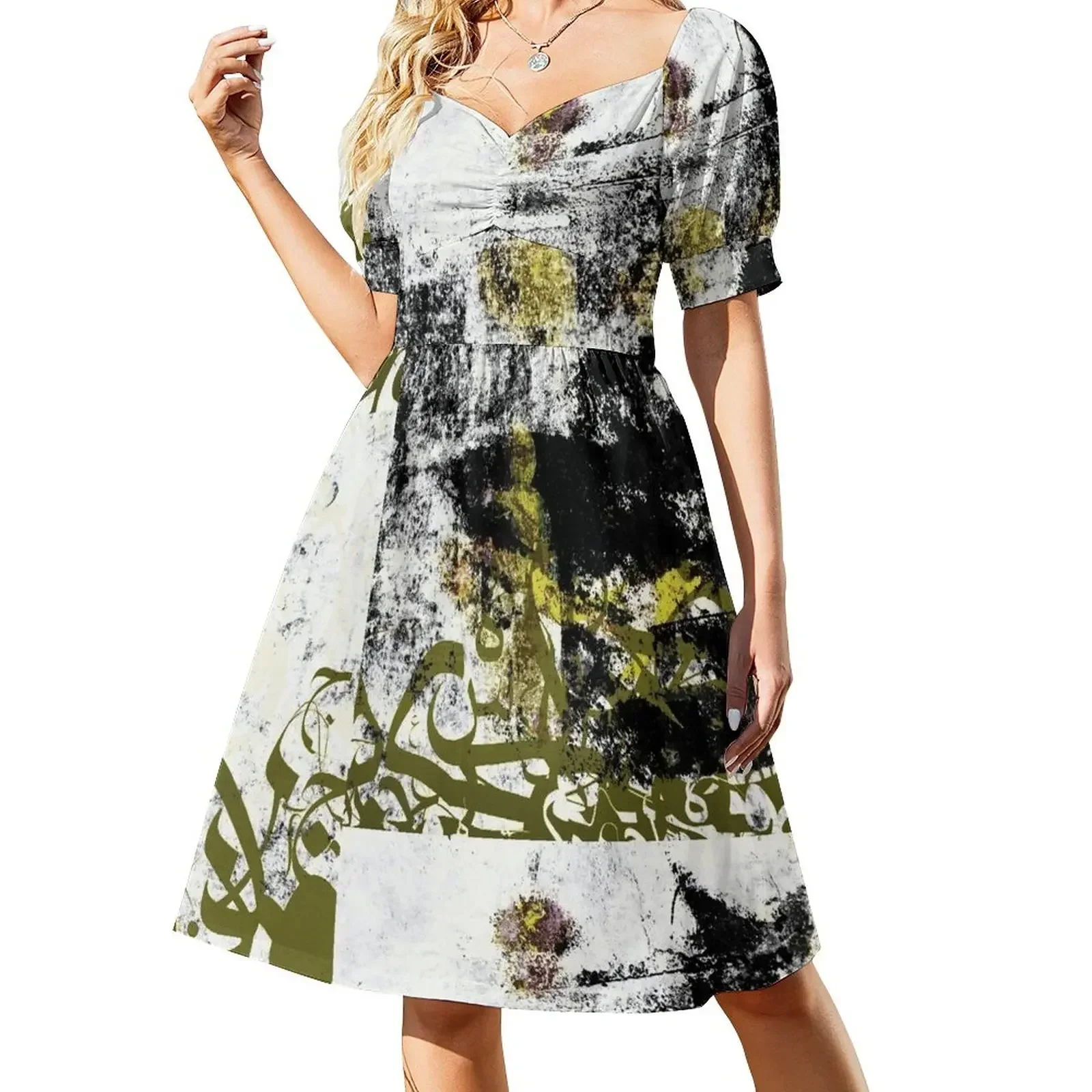 thumbnail image 1 of Vestido de manga corta con caligrafía abstracta, vestido de mujer, vestidos elegantes para mujer, 1 of 7