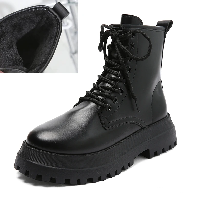 

Gothic black PU ankle boots women's 2022 autumn and winter platform shoes women's warm short motorcycle combat boots increase