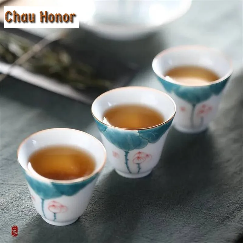 2pc/lot Lotus Handpainted Ceramic Cup Tea Cup Coffee Mug Pottery Cups Teacup Master Tea Mug Container Drinkware Decor Craft 45ml