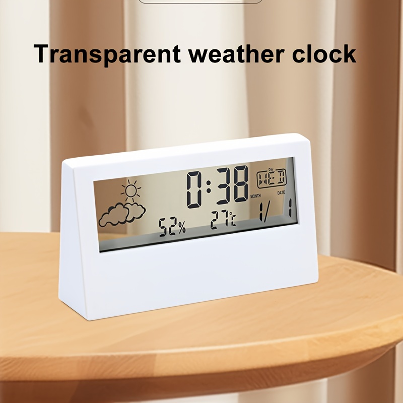 LED Silent Smart Digital Weather Clock - Transparent Design with Thermometer, Hygrometer, Alarm and Date Display