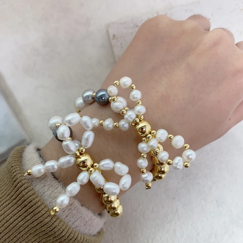 

2024 Latest Design Hand-Woven Pearls String Bracelets Freshwater Pearl Gold Plated Brass Beads Adjustable Bracelet Jewelry