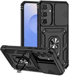 Advanced Protective Armor Phone Case with Slide Camera Lens Protector and Magnetic Holder Ring for Galaxy S25 FE (Black)