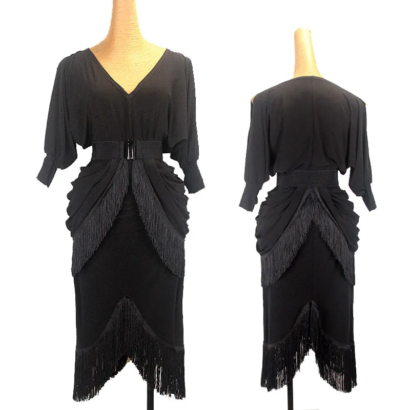 

New Women Latin dance clothing women's tassel v-neck practice clothes dress practice tassel skirt black dance dress