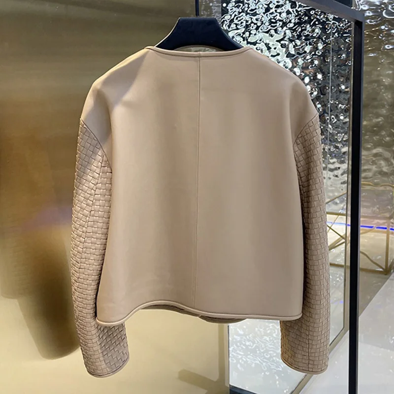 Lady Leather Jackets 2022 New Genuine Sheepskin Woven Sleeve Single Breasted Solid Short Coat Round Neck Streetwear AEL4937