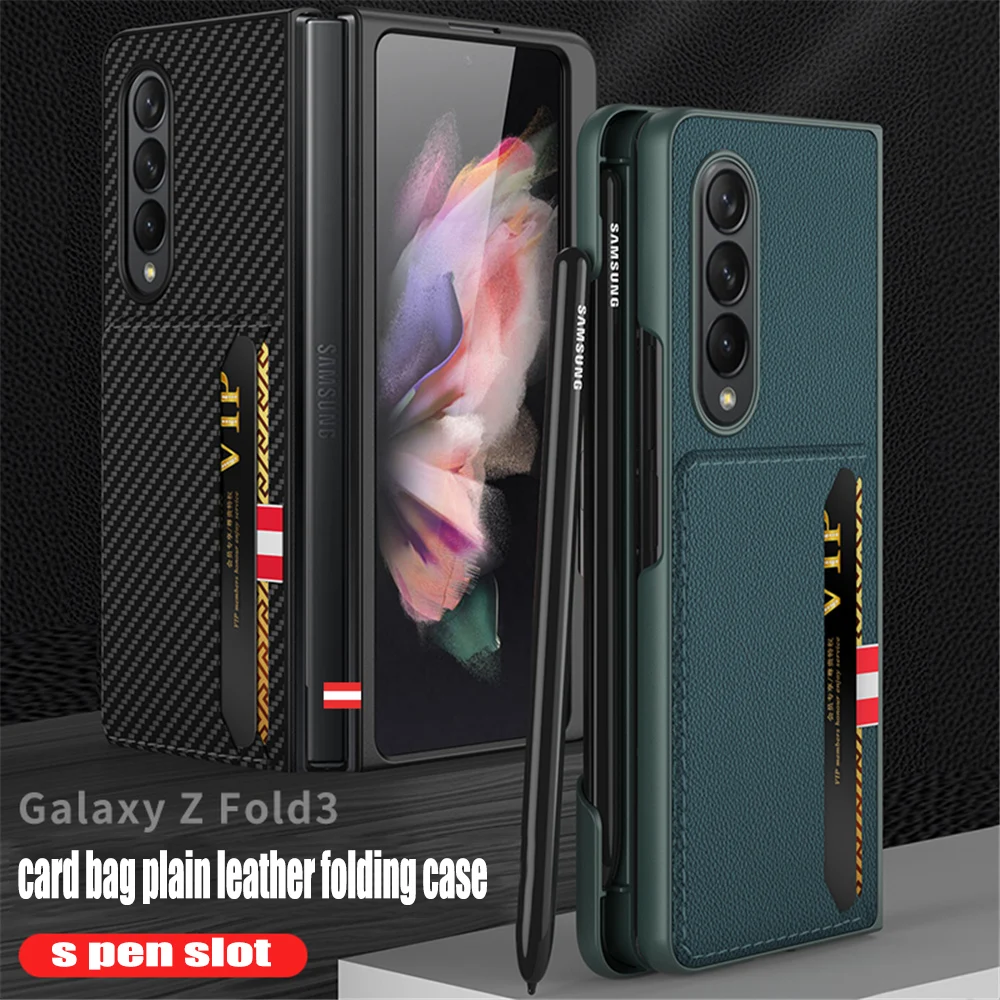 

With Card Slot Pen Holder Cover For Samsung Galaxy Z Fold 3 5G Case Luxury Leather Shockproof Phone Case Coque Fundas (No Pen)
