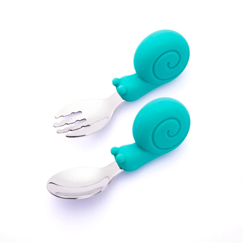 Portable Baby Stainless Steel Spoon Fork with Soft Silicone Handle, Self-Feeding Training Utensil for Kids Toddler (Cartoon)