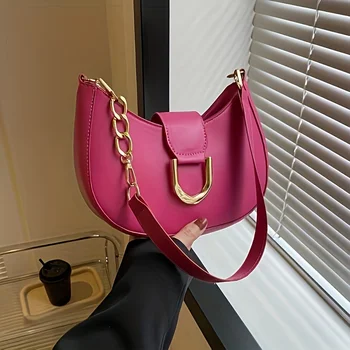 حقيبة كتف أنيقة على شكل هلال أسود للنساء - لون سادة أنيق، جلد صناعي مع مشبك آمن للإغلاق 5