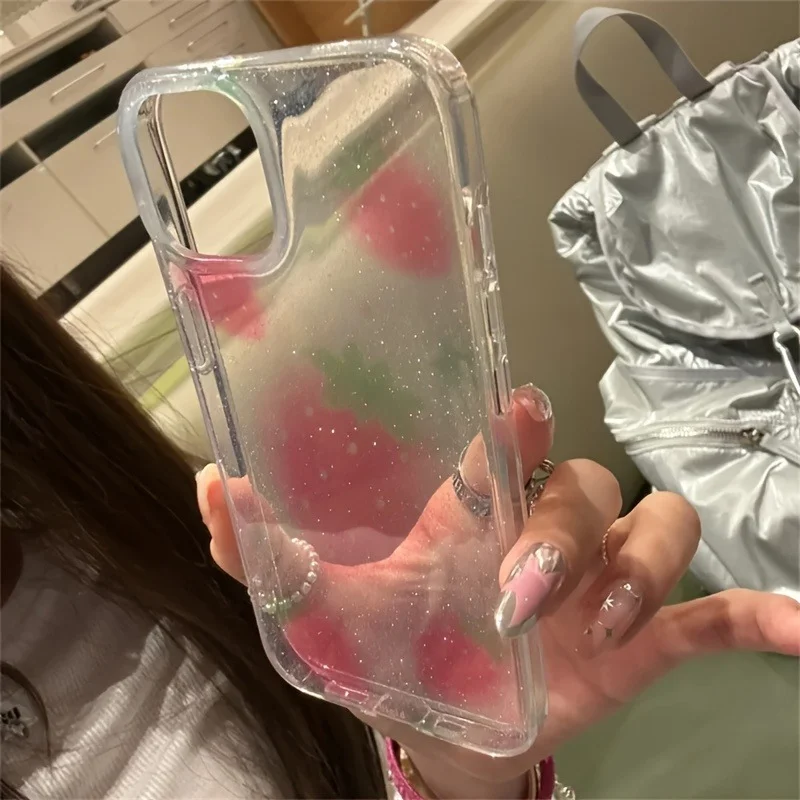 Cute Glitter Strawberry Clear Phone Case - Lovely Bowknot Soft Cover