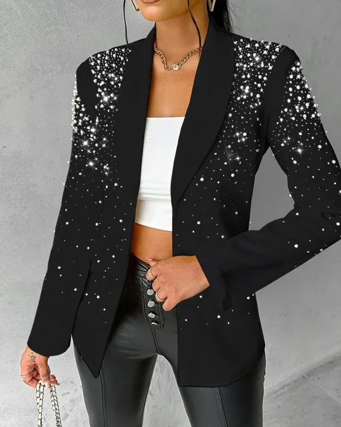 2024 New Blazer Woman Autumn Fashion Beaded Elegant Temperament Shawl Collar Plain Long Sleeve Work Blazer Coat Office Lady