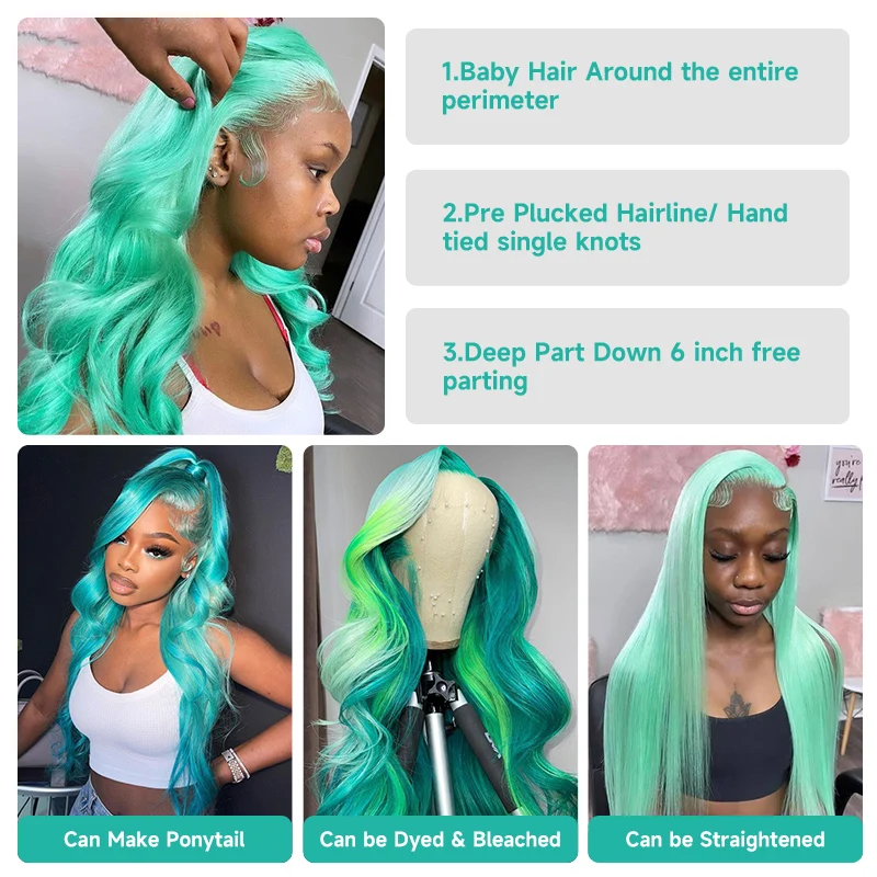 Mint Green Human Hair Lace Frontal Wig Green Colored 13x6 Lace