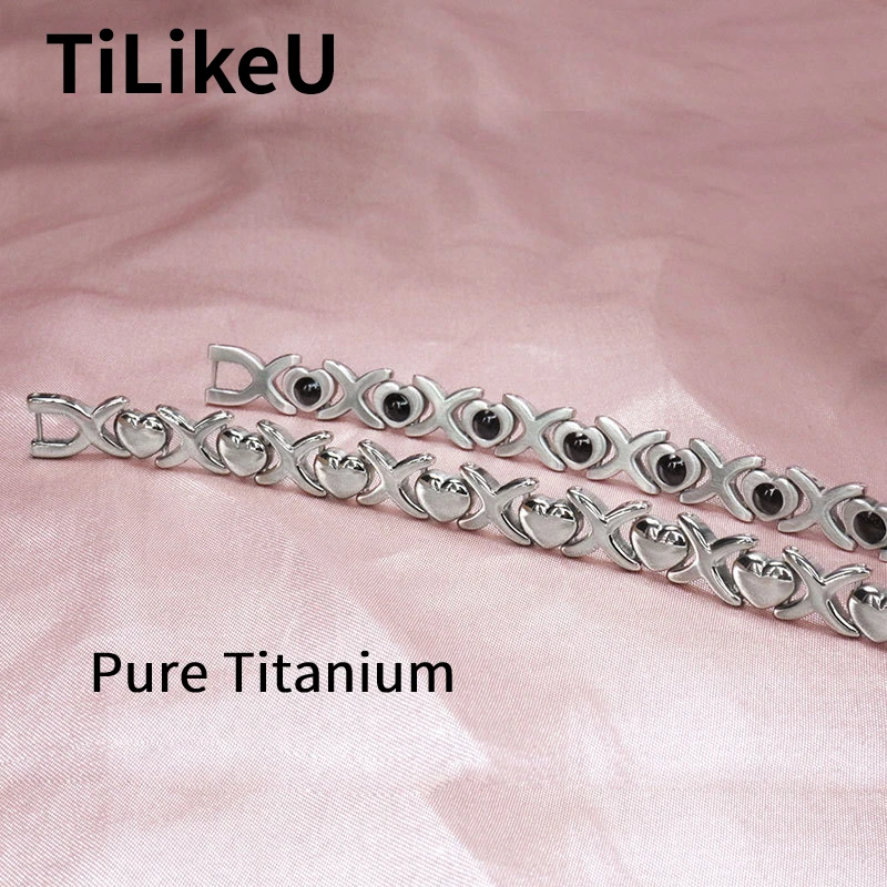 

New Women Heart Connected Pure Titanium Bracelet Manual Polished Germanium Stone Magnetic Bracelet Healthy Skin-friendly Couple