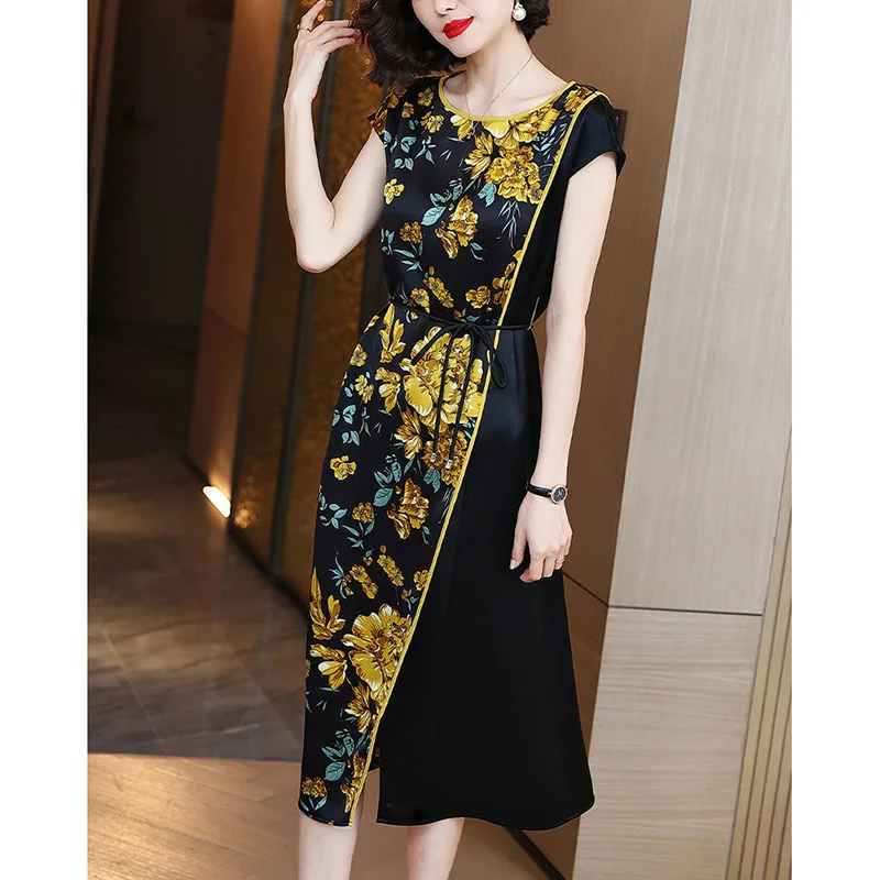 

Elegant O-Neck Printed Spliced Loose Bandage Bow Asymmetrical Midi Dress Women Clothing 2023 Summer New Office Lady Floral Dress