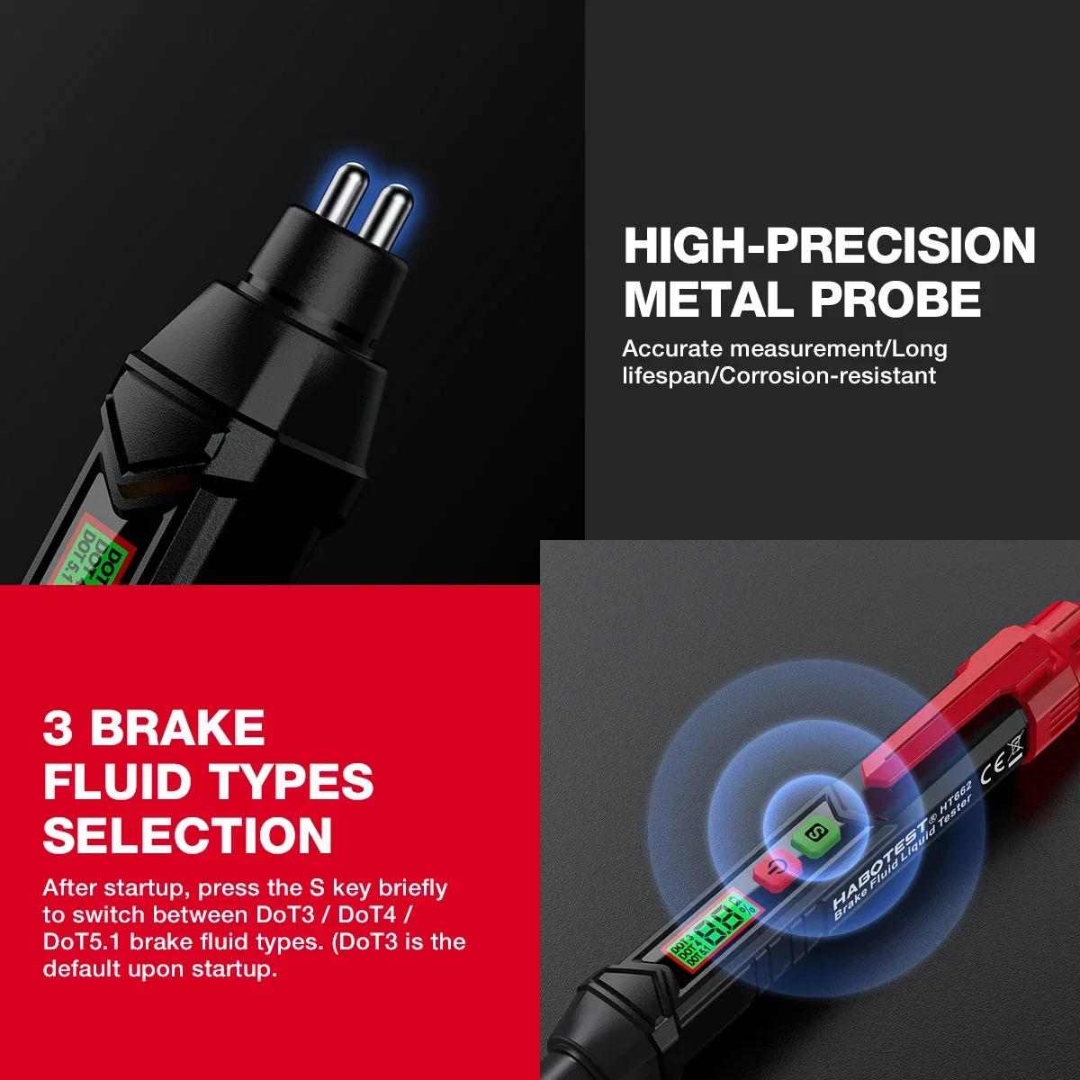HABOTEST HT662 Car Brake Fluid Moisture Meter Liquid Oil Tester Analyzer for DOT3/DOT4/DOT5.1 Brake oil Quality Check Pen
