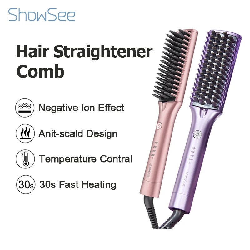 Showsee Hair Straightener Comb 2 In 1 Iron Negative Hair Curler Crimper Fast Heating Anti Scald Straight Curling
