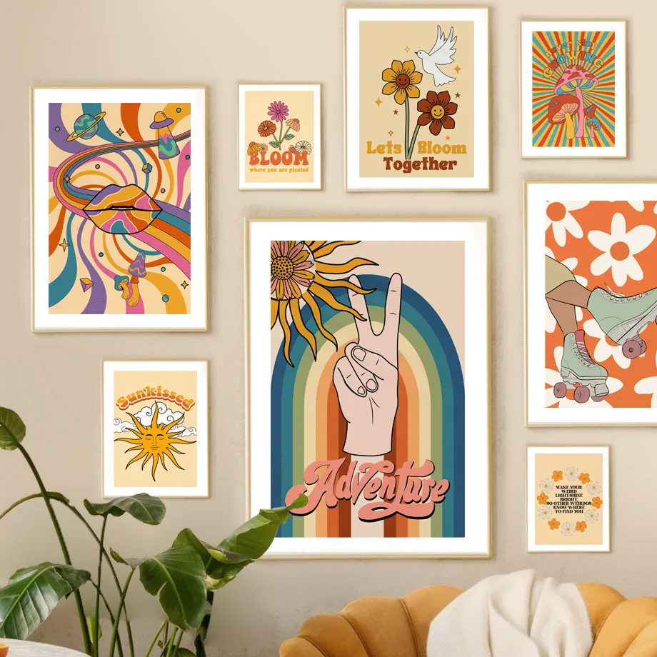 

Hippie Wall Art Canvas Painting Retro Floral Pattern Skating Victory Nordic Posters And Print Wall Picture For Living Room Decor