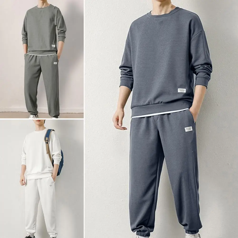 

Men Sweatshirt Pants Set Men's Casual Sport Suit with Waffle Texture Sweatshirt Jogger Pants Set for Autumn Winter Youth Fashion