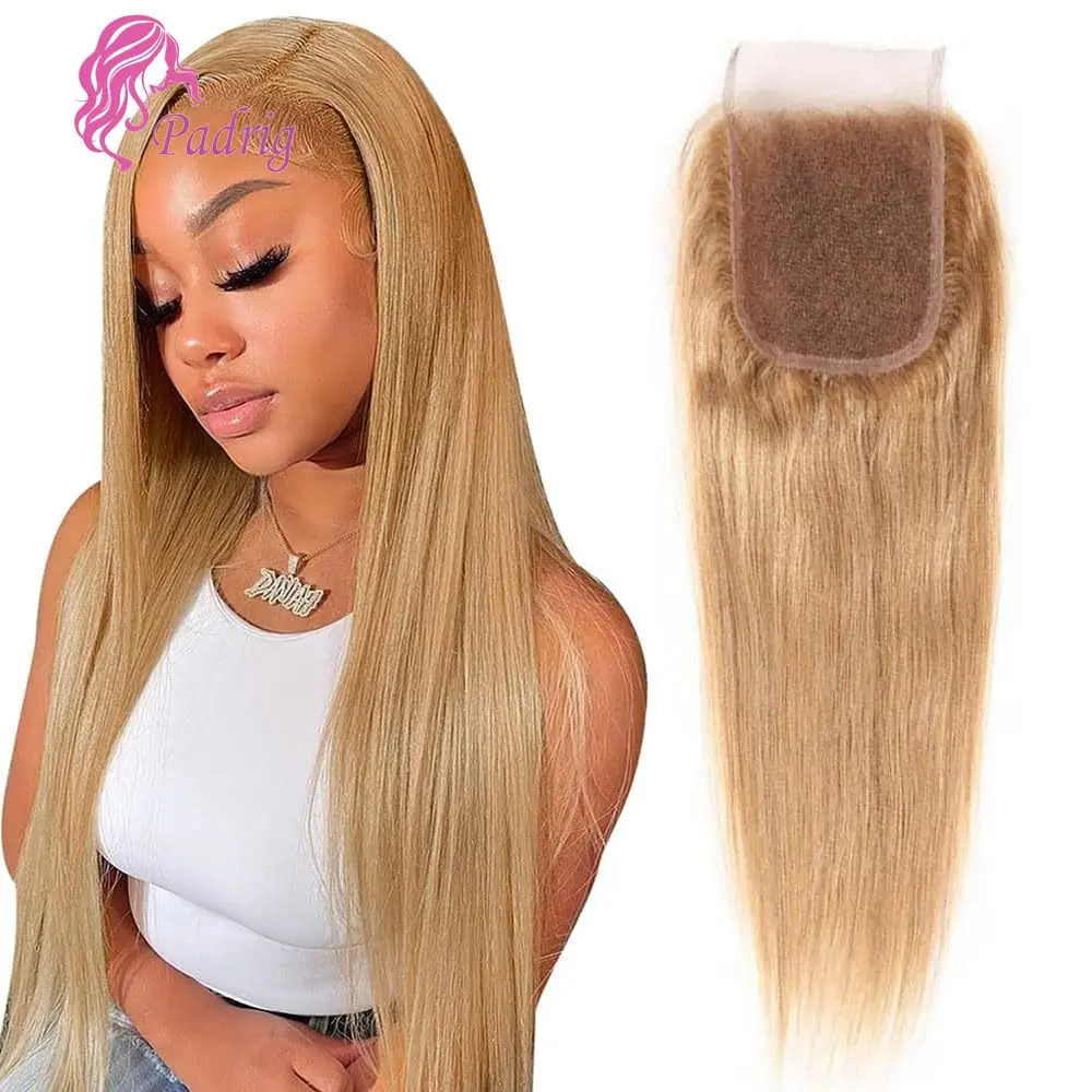 #27 Honey Blonde Straight Human Hair Lace Closure 4x4 Lace Part Brazilian Virgin Hair 10-18 Inch Full End