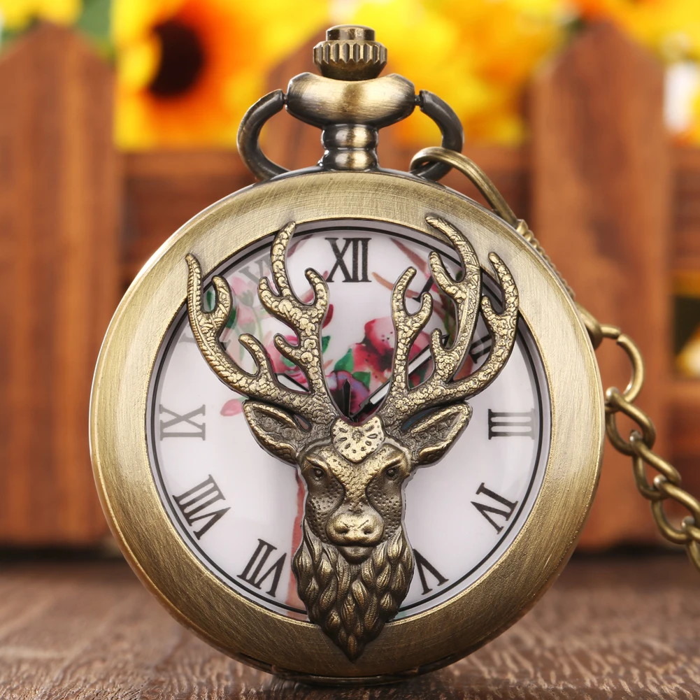 Retro Bronze Elk Head Hollow Cover Sika Deer Flowers Horns Dial Design Orologio Da Tasca Al Quarzo Collana Pendente Orologio Orologio Antico