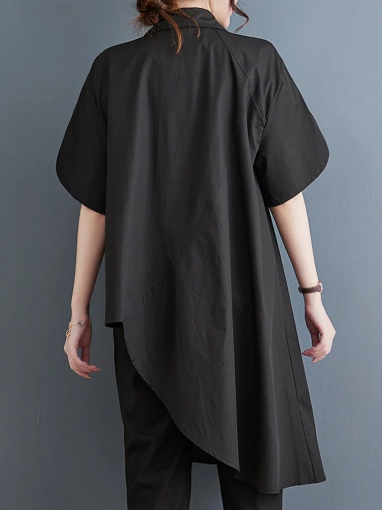 2025 Summer New Green Vintage Irregular Shirt Women Single Breasted Lapel Short Sleeve Loose Casual Blouse Top Fashion Clothing