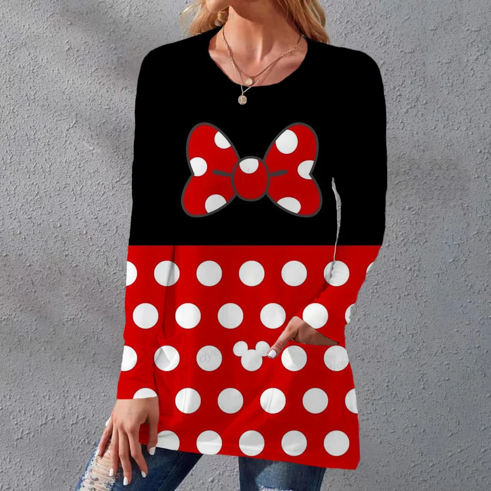 

2023 Women's New Fashion Disney Mickey Mouse Print Pocket Long Sleeve T-shirt Women's Spring And Autumn Sweatshirt