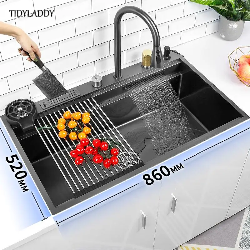 Black Nano Waterfall Feiyu Kitchen Sink Stainless Steel Large Single Slot Wash Basin with Multifunction Touch Waterfall Fauce