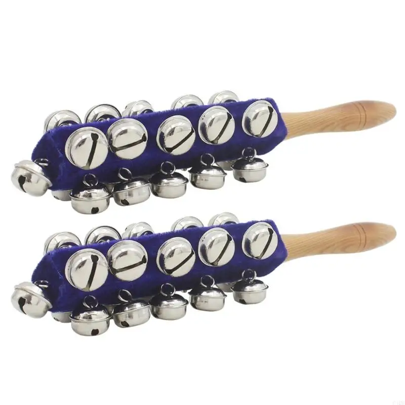 C4DE 2Pcs Christmas Hand Bells Musical Percussion Hand Sleigh Bells Wood Handle Stick Shaker 21 Percussion Instrument