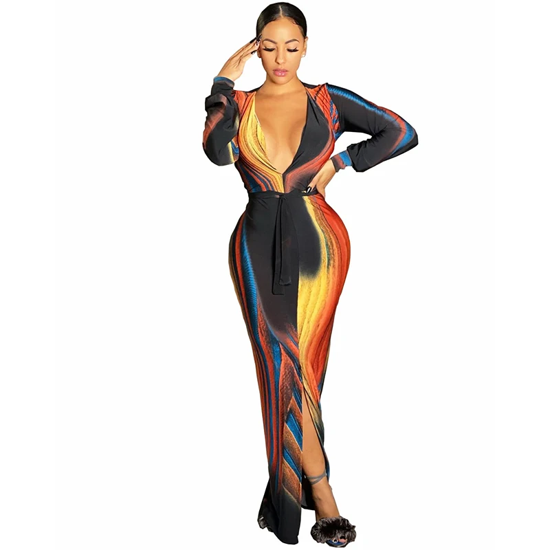 

African Maxi Dress Women Deep V Neck Full Sleeve Split Robes Fashion New Print Streetwear Sexy Party Long African Dress Vestidos