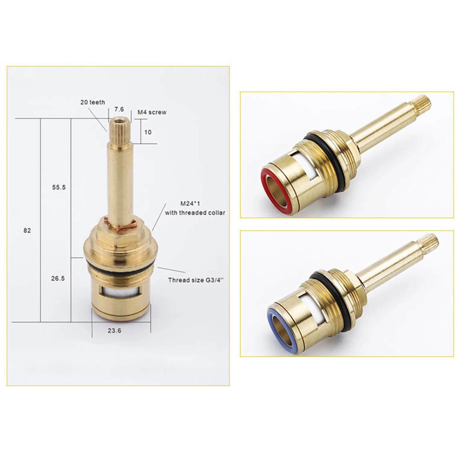Faucet Valves Replacement Quarter Turn Brass Ceramic Stem Disc Cartridges Thread G3/4" for Bathroom Hot Cold Water Kitchen Tap