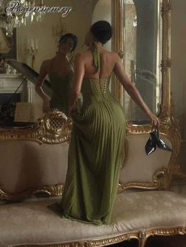 Green Fishbone Corset Halter Maxi Dress Women Backless Off Shoulder Pleated Heart Neck Slim Robe Lady Christmas Party Gown New 1