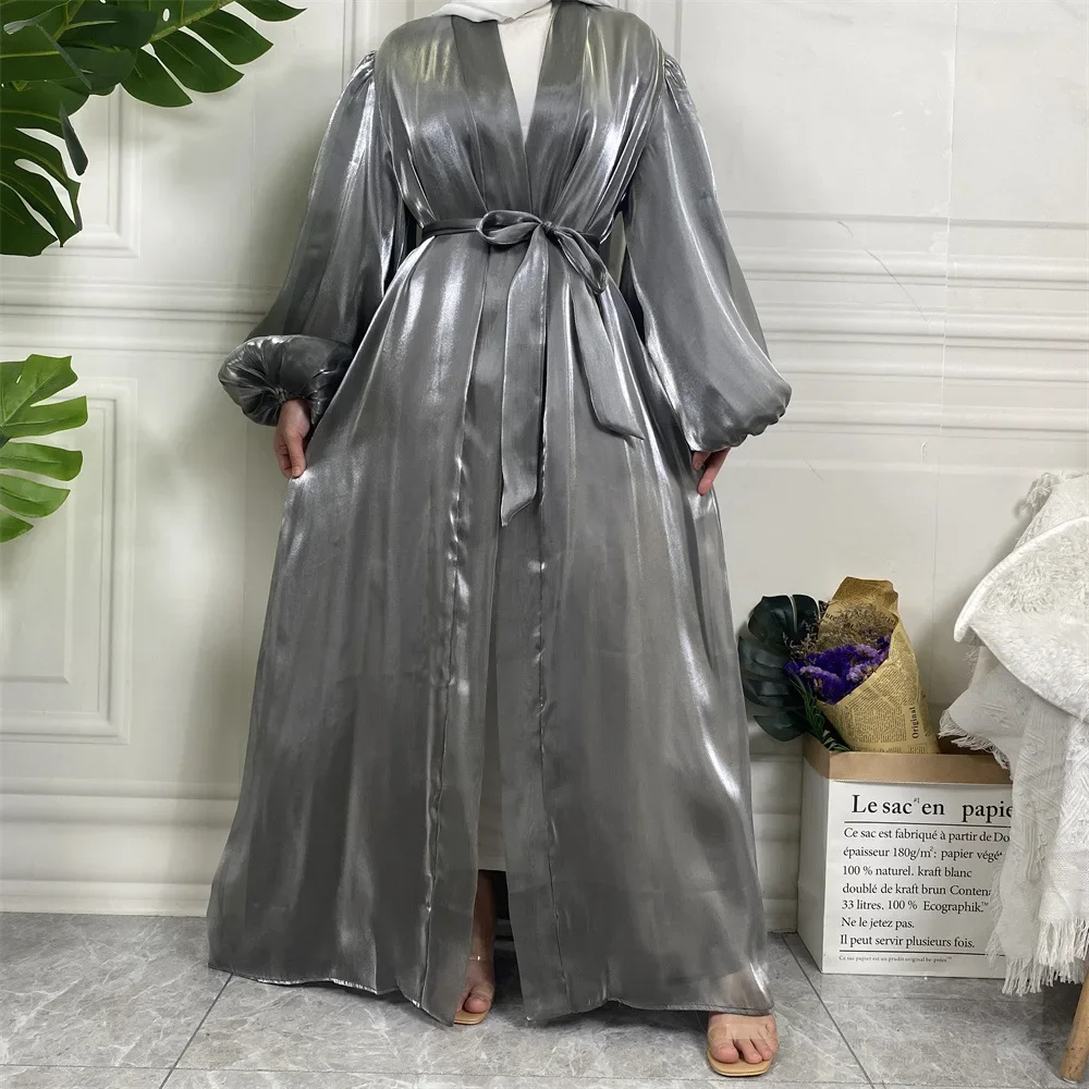 White Kimono Abaya Summer Shiny Satin Balloon Sleeve Muslim Hijab Dress Saudi Open Abayas for Women Dubai Cardigan Turkey Islam