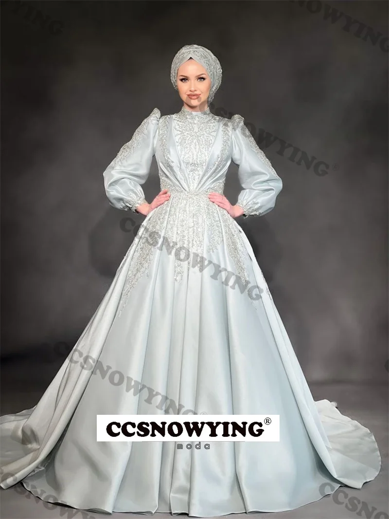 

Luxury Satin Appliques Beaded Muslim Evening Dresses Long Sleeve Islamic Formal Party Gown Arabic Dubai Women Robes De Soirée