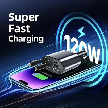 4 in 1 120W Car Charger Retractable Car Cigarette Lighter Adapter USB Type C Fast Charger Cable for IPhone Xiaomi POCO Samsung