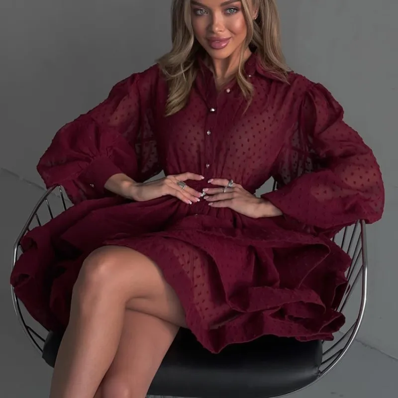 Elegante Abito da Donna Bordeaux a Pois Chic Primaverile con Maniche a Lanterna Lunghe, Volant a Strati, Stile Camicia, Mini Abito da Festa - Image 3