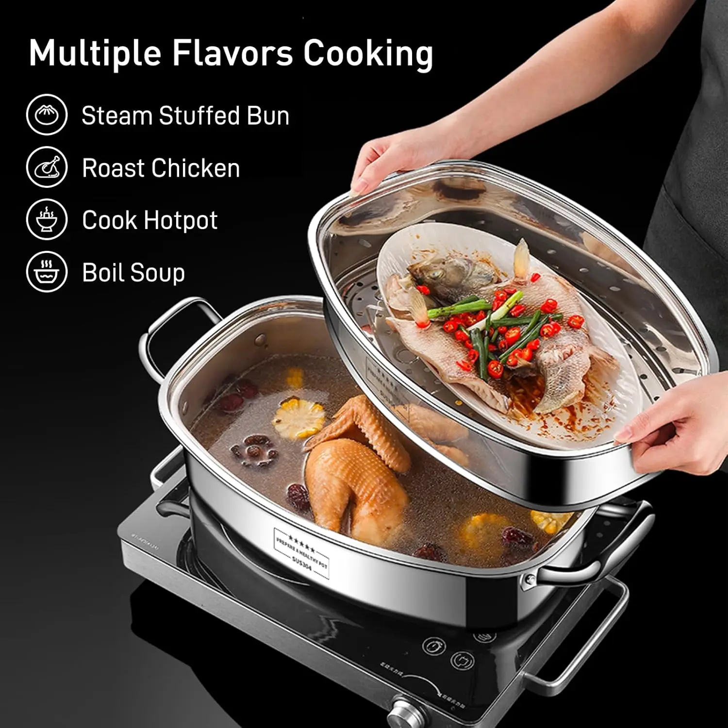 Stainless Steel Fish Steamer - Multi-Use Square Steaming Cookware with Rack, Ceramic Plate, Chuck, Oven Mitts - Sto 5