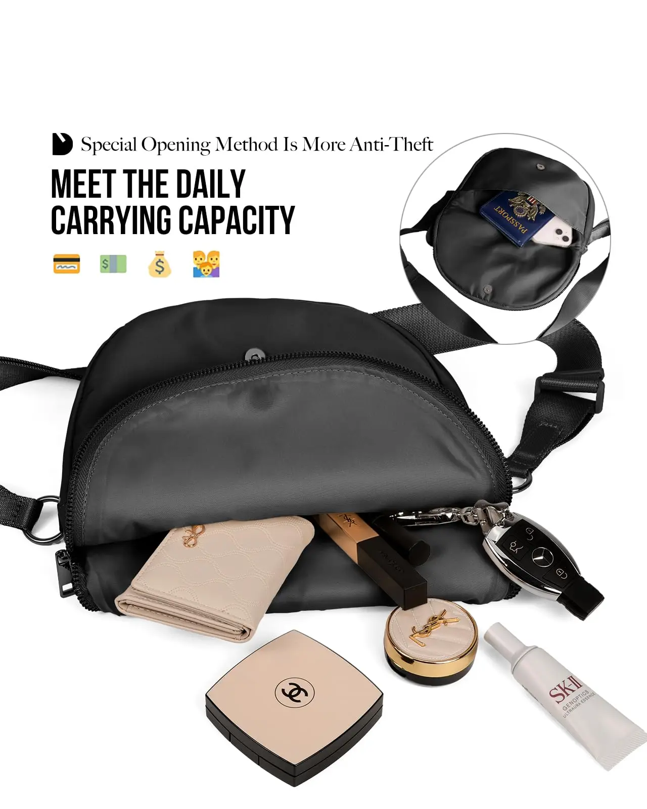 5L Crescent Moon Bag for Women and Men, Fashion Medium Nylon Folding Crescent Moon Bag Single Shoulder Bag with Adjustable Strap 3