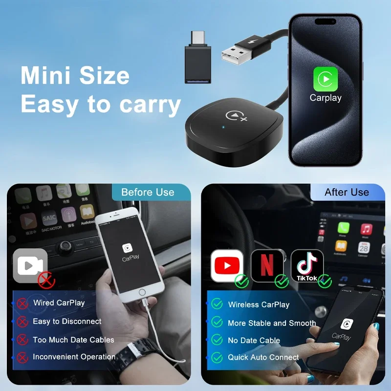 Wireless Video Carplay Adapter with Netflix/YouTube/ TikTok for OEM Wireless CarPlay Cars for iphone 6-16 600 Car Models