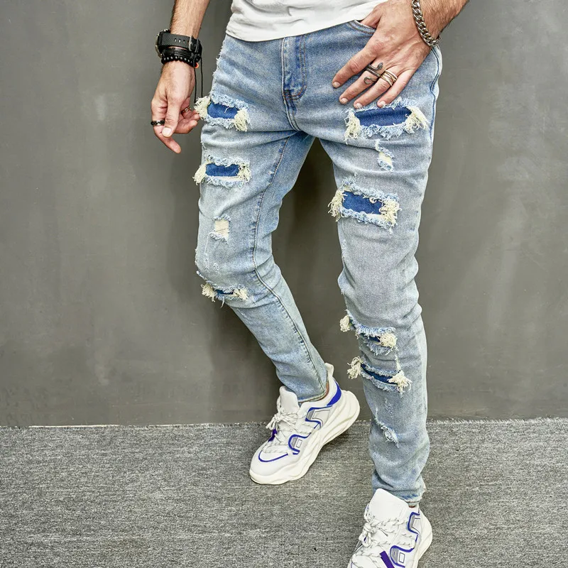 Street Stylish Men Holes Patch Skinny Pencil Jeans Men Jeans Ripped Jeans Ripped Patchwork Jeans Pants Male Ripped Solid Slim Denim Trousers For Men's