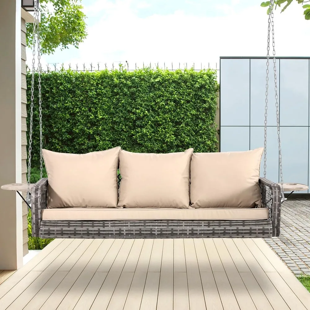 3-Seats Wicker Porch Swing Hanging Bench Chair Outdoor Gray Rattan Patio Swing Lounge with Cushions for Garden,  Balcony 6